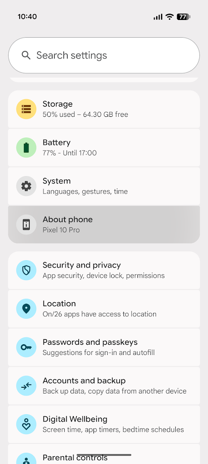 android settings menu on pixel phone