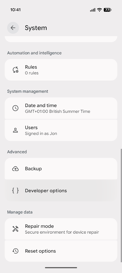 developer options menu in system menu in settings app on pixel phone