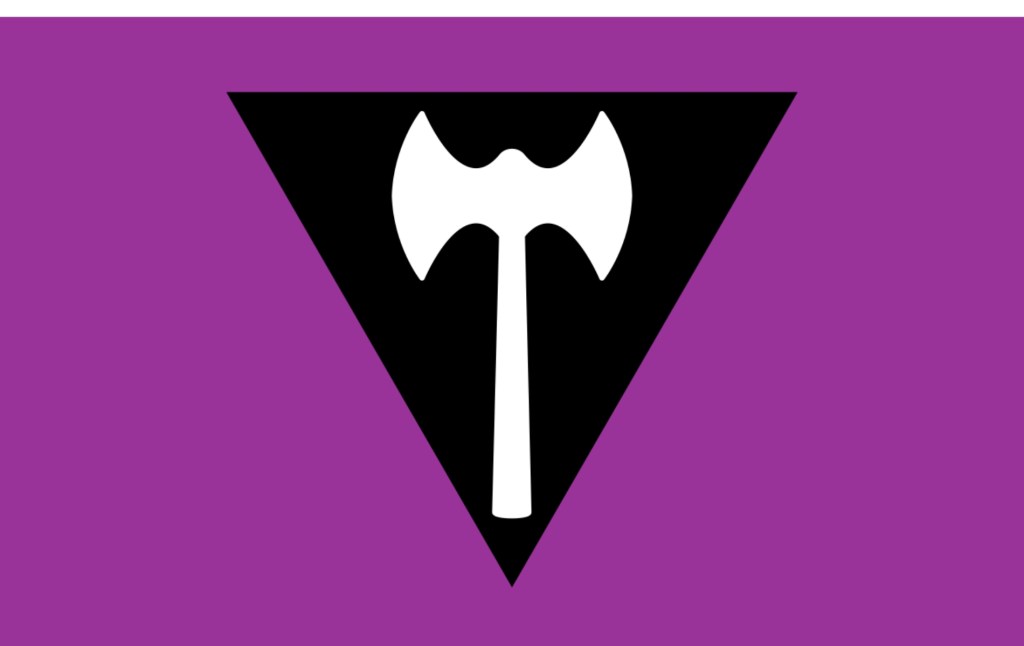 The Labrys Pride flag features a double-headed axe on an upside-down black triangle with a violet background.