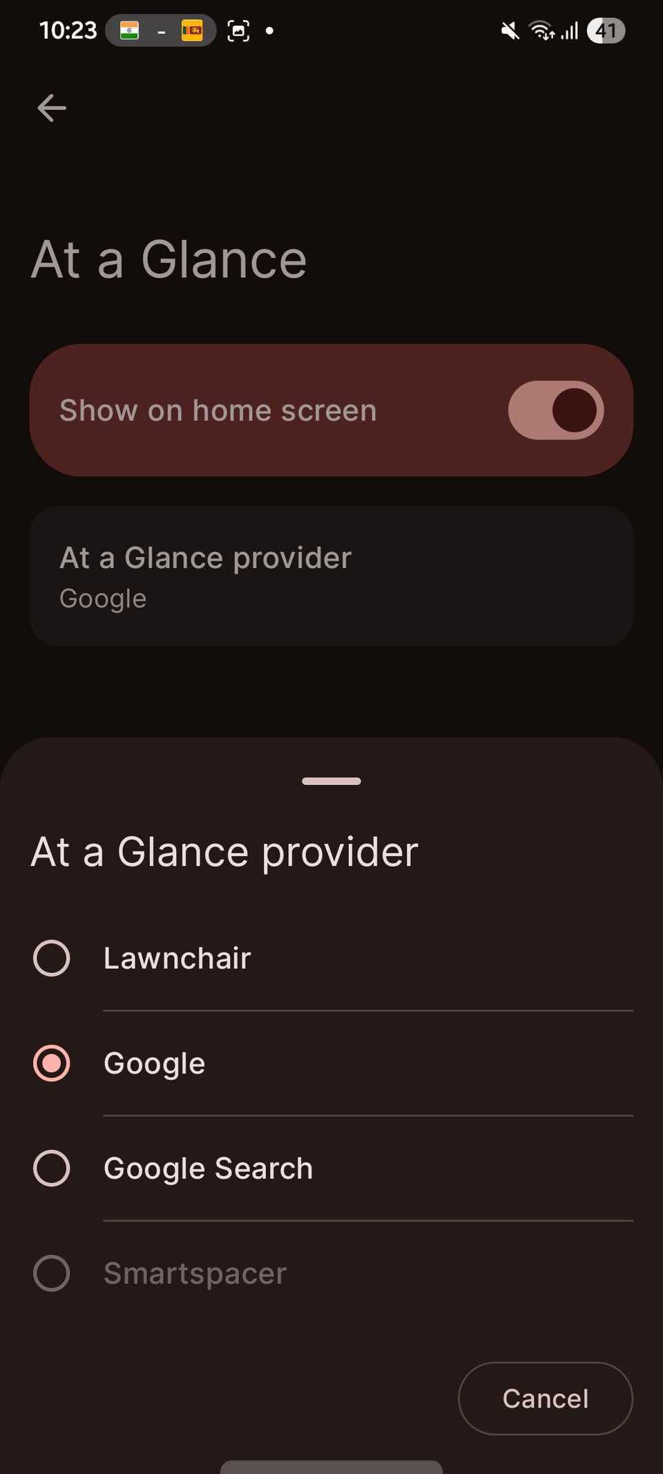 Screenshot showing at a glance widget settings in the Lawnchair app