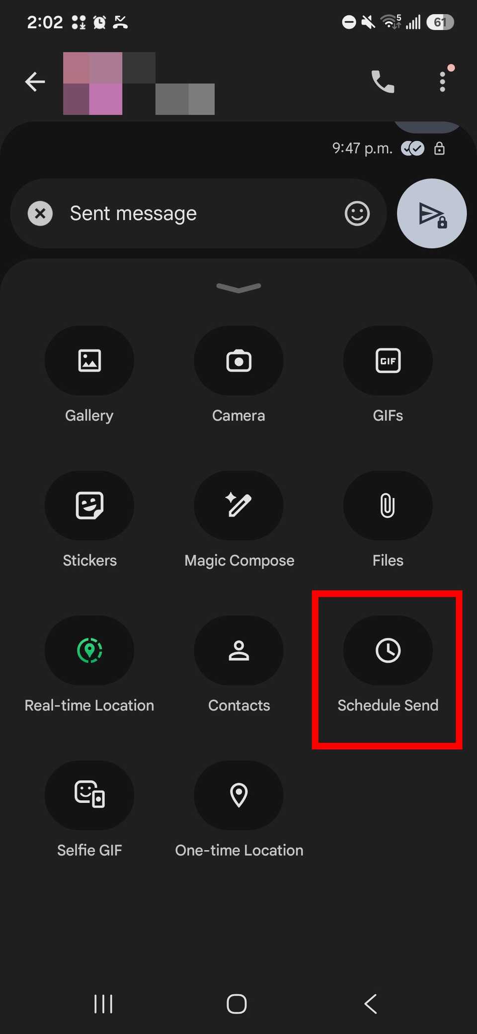 red rectangle outline highlighting schedule send in the plus option while composing a message on Google Messages