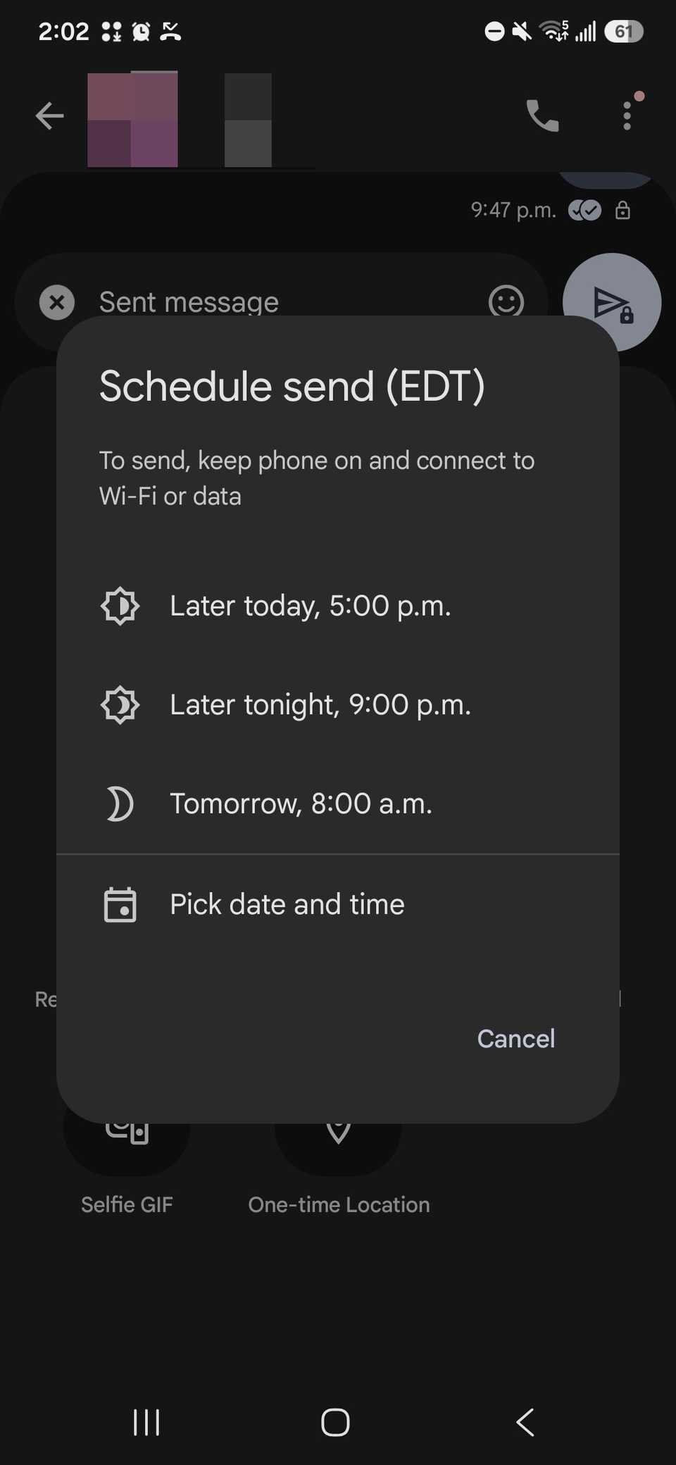 Schedule send pop up window with preset times and pick date and time option for sending a message on Google Messages
