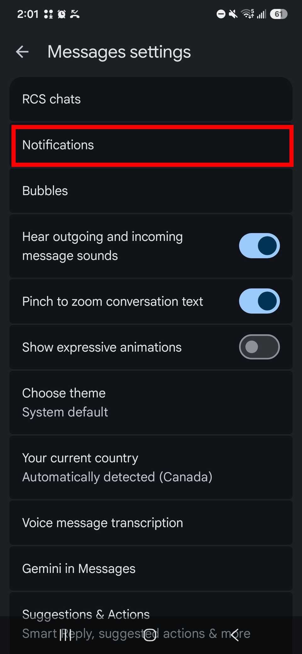 Red rectangle outline highlighting Notifications in Messages settings in Google Messages
