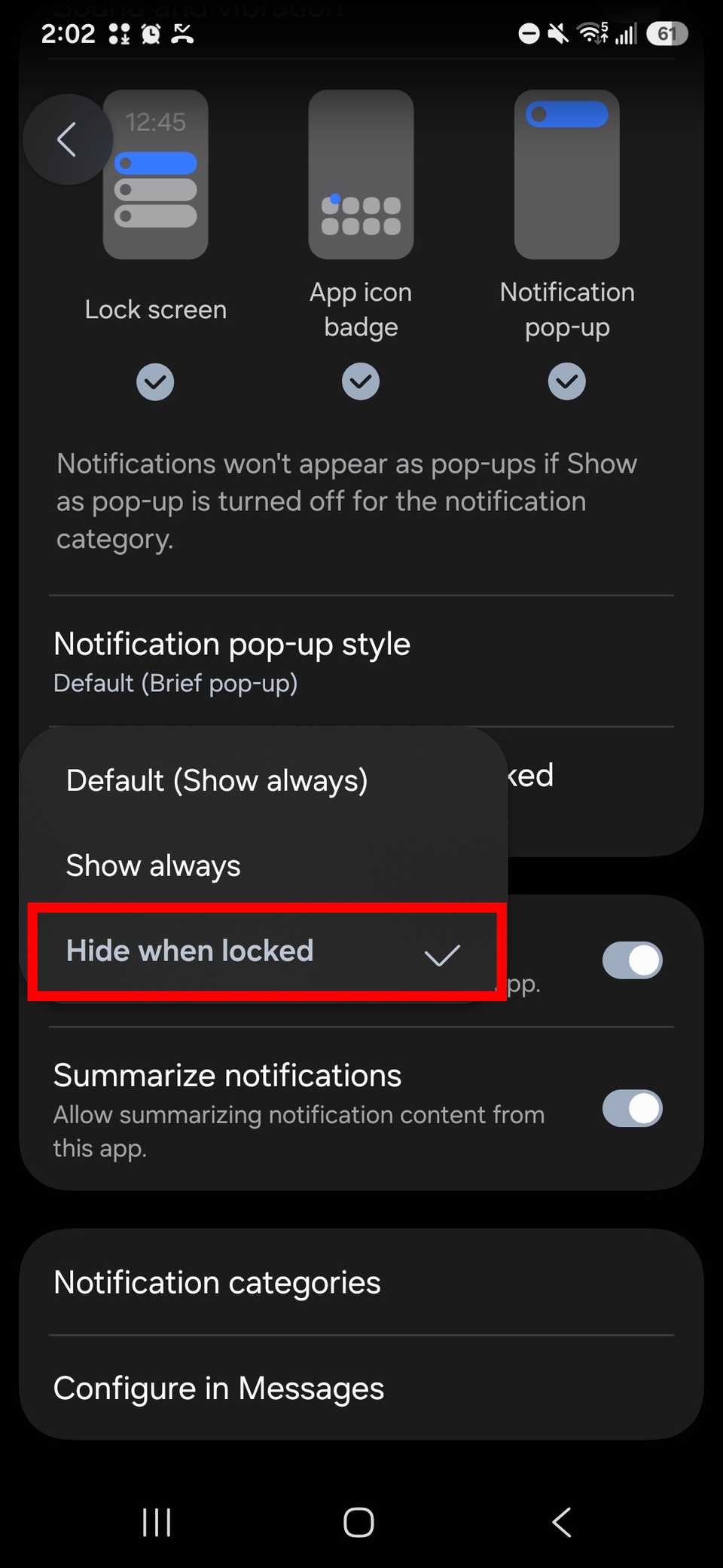 Red rectangle highlighting Hide when locked in a drop-down menu in Messages settings in Google Messages