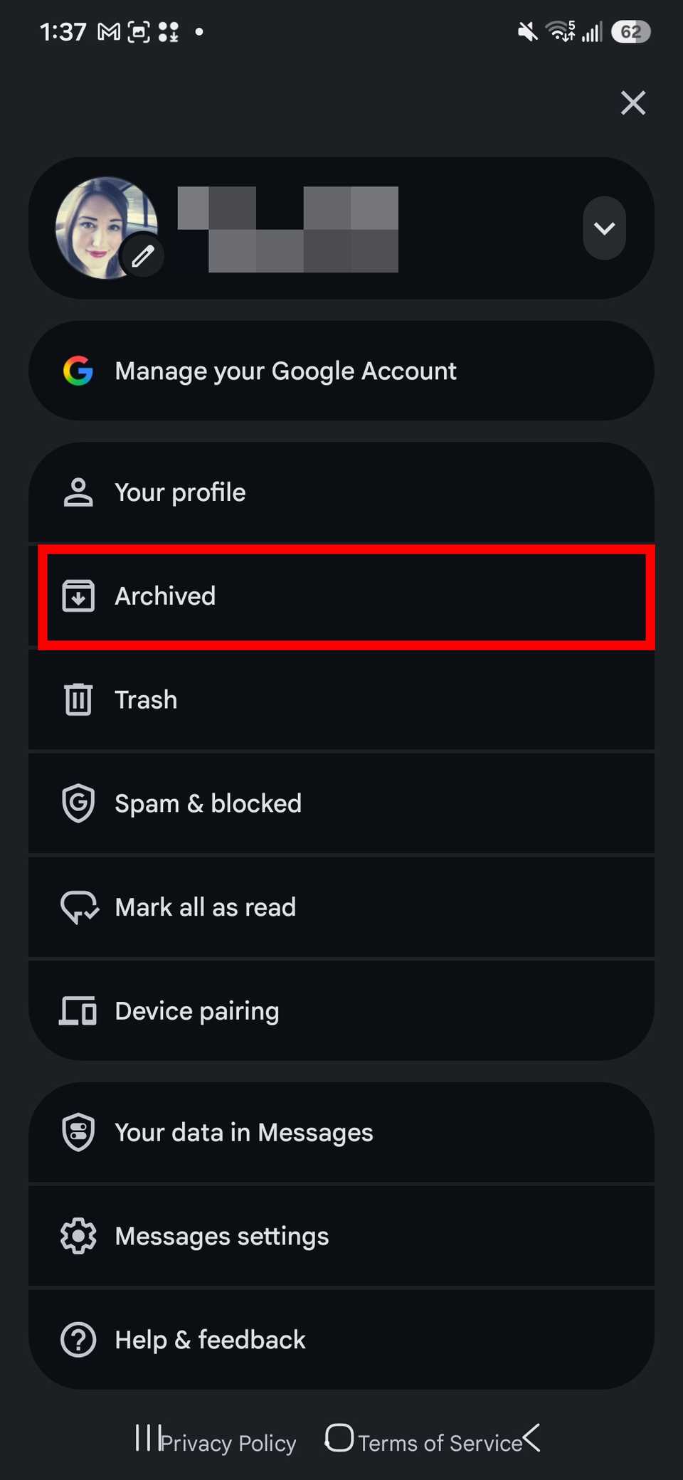 Red rectangle outline highlighting Archived in Profile icon settings on Google Messages
