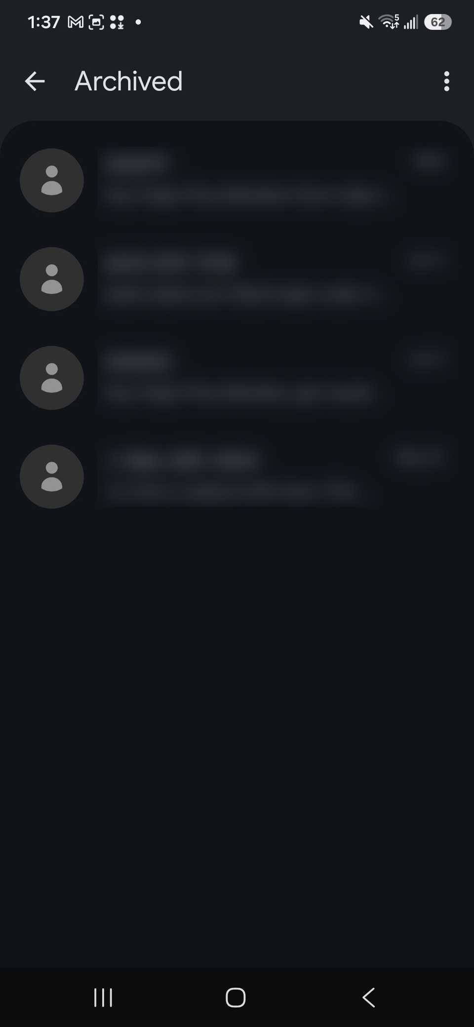 a list of archived chats in Google Messages that are blurred out