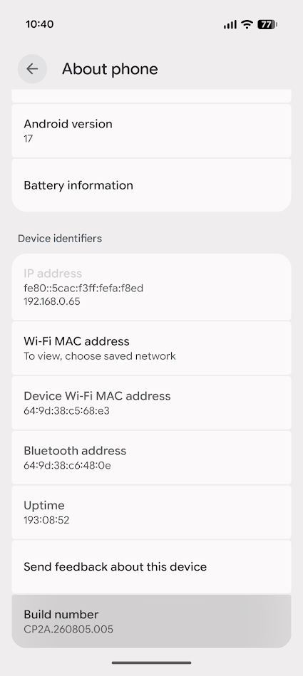 about phone menu in settings app on pixel phone