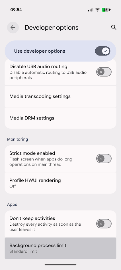 developer options menu in android
