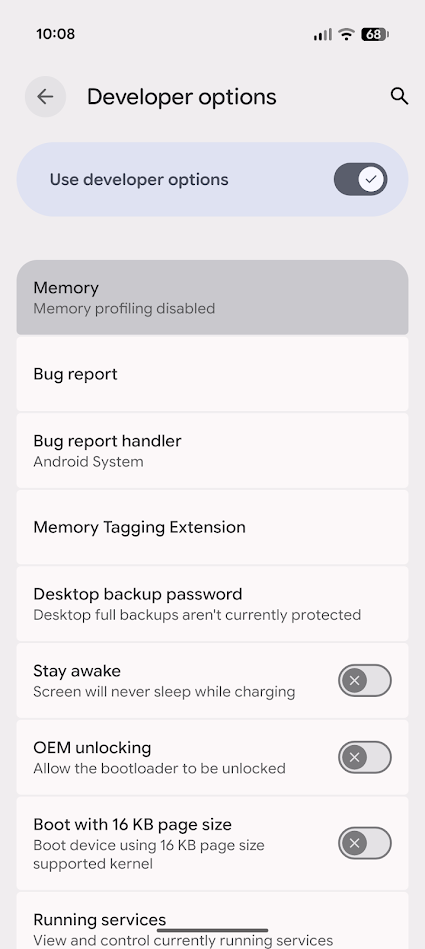 developer options menu with memory highlighted