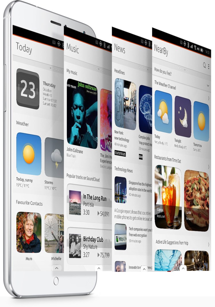 Ubuntu Phone handset with Scopes coming out of it