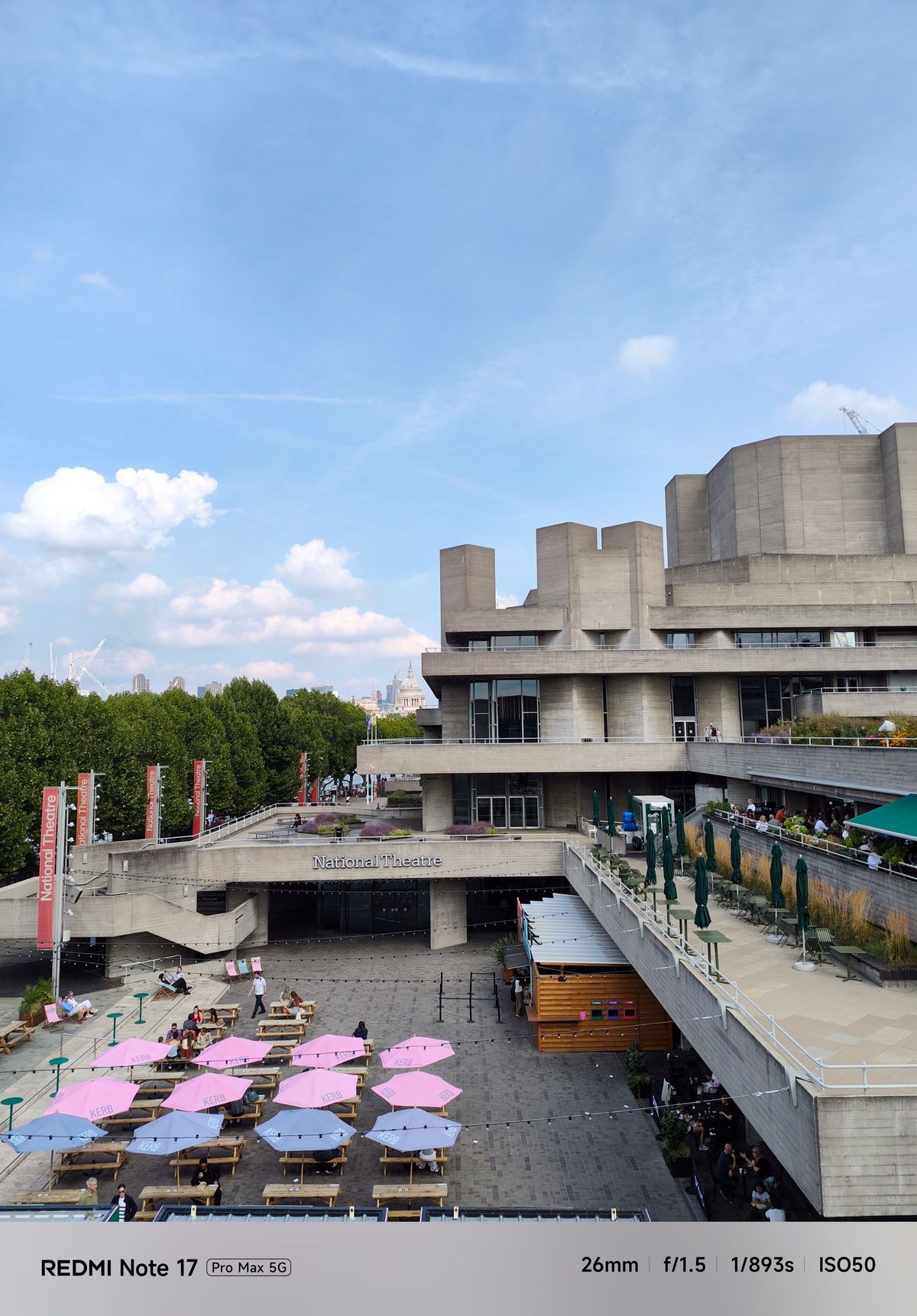 View across the National Theatre complex in London, with outdoor seating, colorful umbrellas and St Paul’s Cathedral visible in the distance.