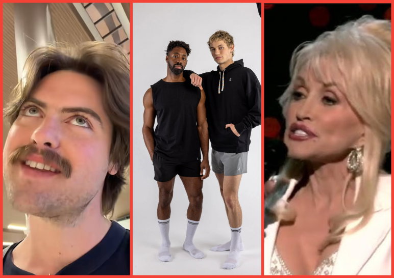 Three-panel image. From left to right: a Tiktoker looks up walking through an airport; two men pose in gray and black gym shorts; Dolly Parton performs at the Oscars.