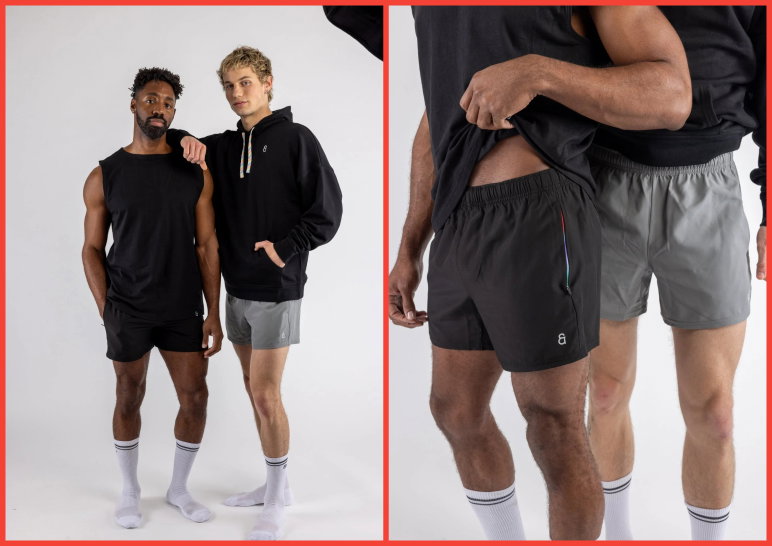Two-panel image. On the left, two men pose in black hoodies and gray and black shorts. On the right, a zoomed-in look at their performance athletic shorts.