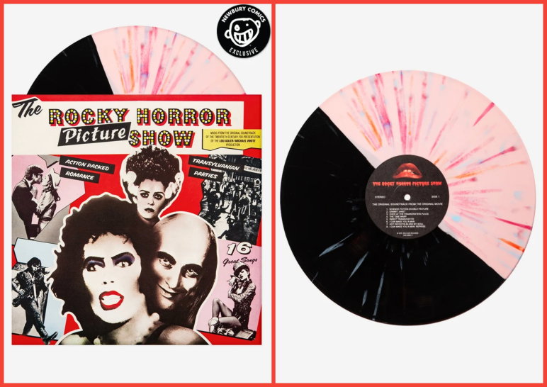 Two-panel image. On the left, the vinyl sleeve for 'The Rocky Horror Picture Show' soundtrack on vinyl. On the right, the pink and black colored disc is pictured by itself.
