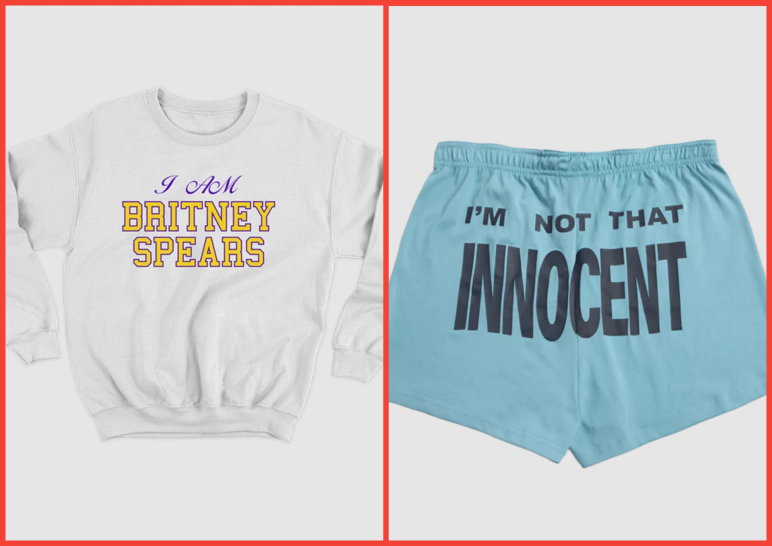 Two-panel image. On the left, a gray crewneck sweater reading "I Am Britney Spears." On the right, blue booty shorts reading "I'm not that innocent."