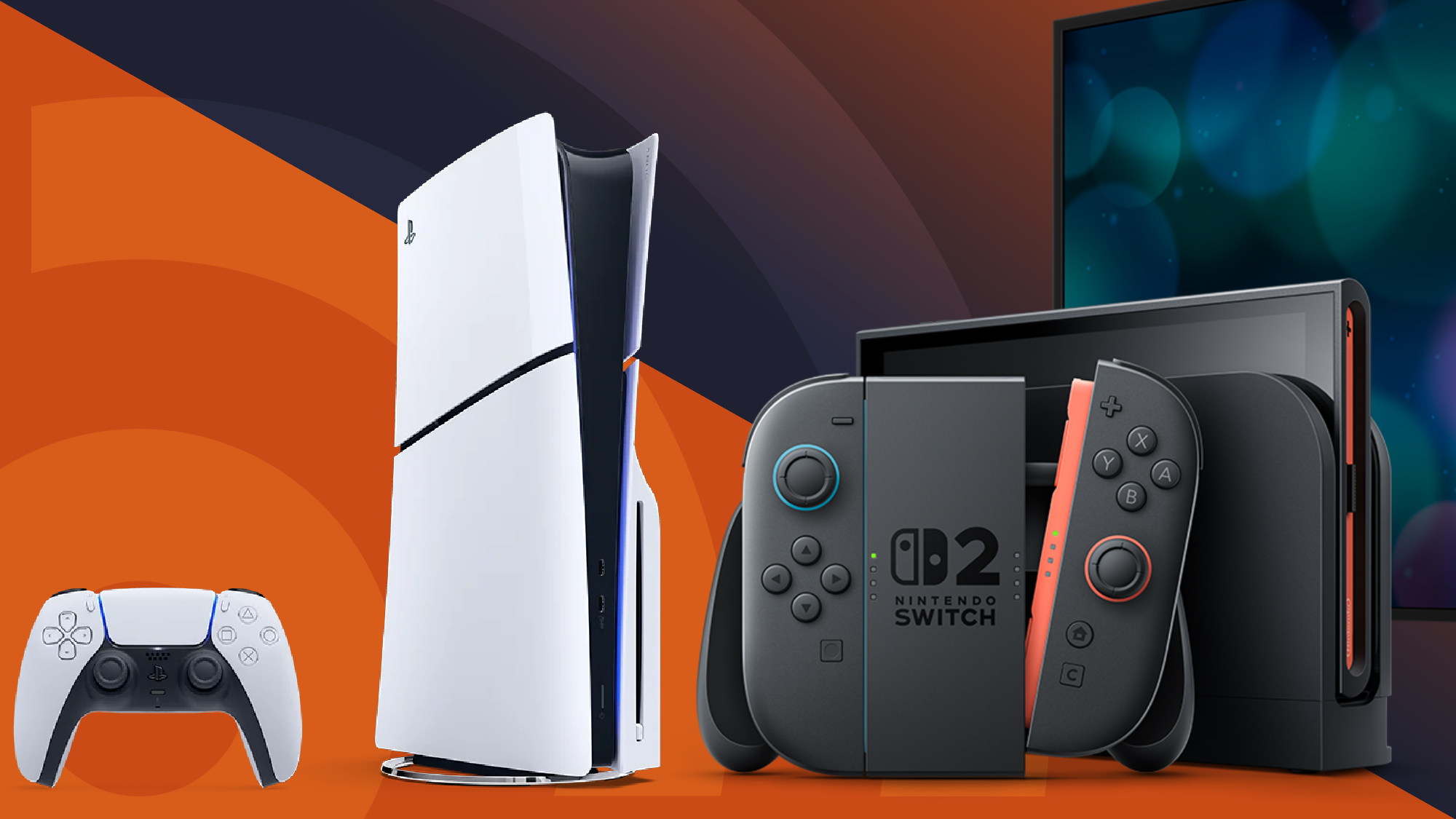 Best gaming consoles buying guide image featuring a PS5 Slim and Nintendo Switch 2 on an orange/indigo background.