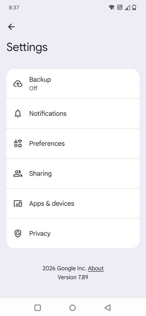 Screenshot showing the Backup option in Google Photos