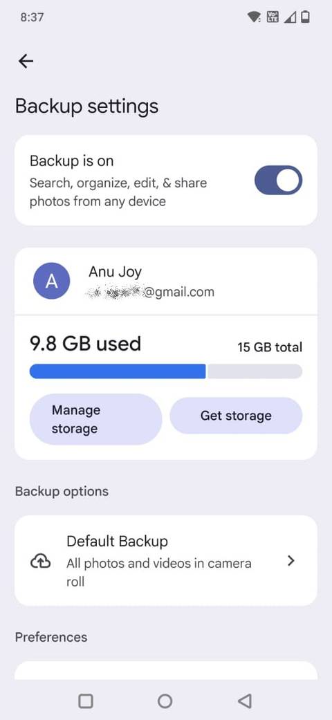 Screenshot showing the Backup settings in Google Photos