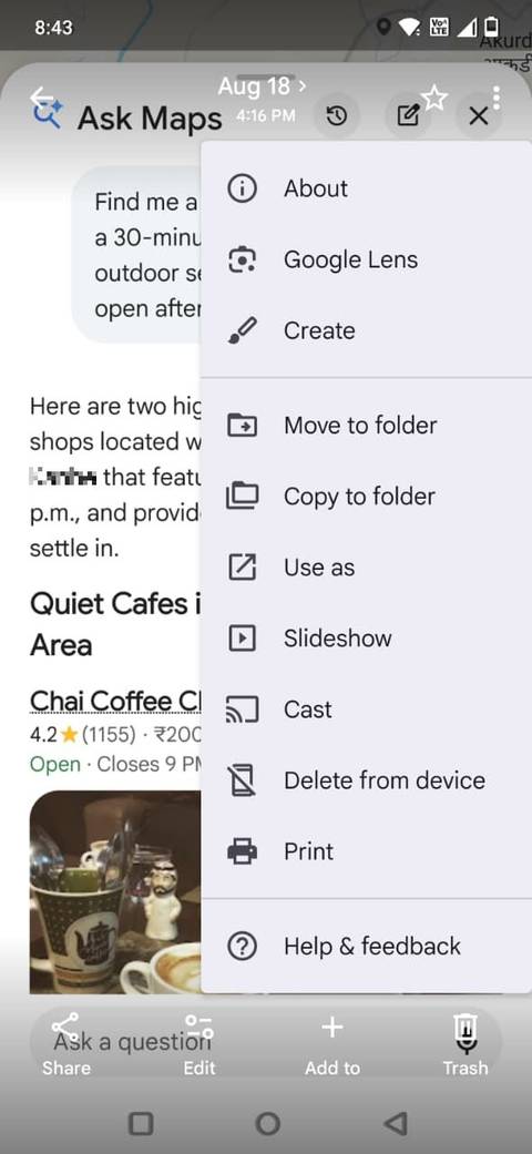 Screenshot showing the About option in Google Photos